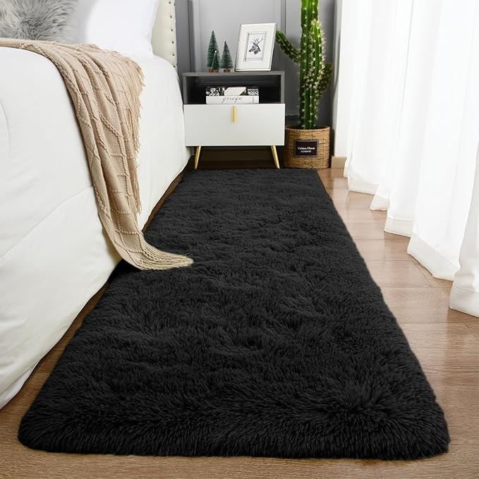 Ompaa Fluffy Runner Rugs, 2x6 Feet Black, Super Soft Shaggy Carpet Fuzzy Long Fur Rug for Bedroom Living Room Dorm, Plush Kids Playroom Baby Girls Nursery Decor Mats
