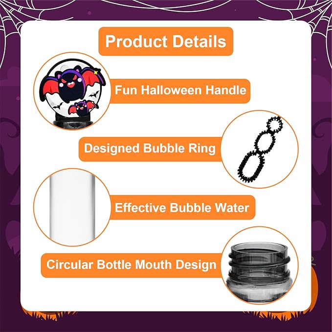 24 Pack Halloween Bubble Wands for Kids - Spooky Ghost, Bat, and Pumpkin Designs, Party Favors Bulk with Colorful Bubbles for Trick or Treat, Goodie Bag Stuffers, Birthday Gifts, Carnival Prizes