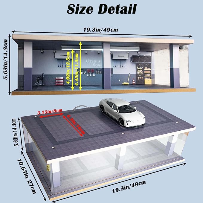 1/24 Scale Diecast Car Model Display Case, 1:24 Toy Garage with Adjustable Brightness Tricolor Light in Cars Detailing Studio Scene, 8 Parking Spots (4 Indoor +4 Roof Parking Spots)