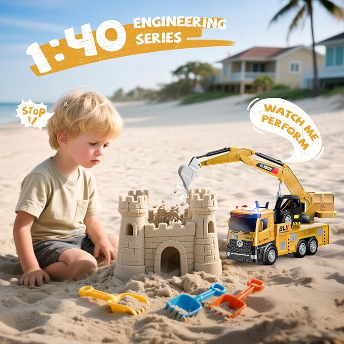 4 Pcs Alloy Construction Truck Toys For 2 3 4 5 Year Old Boys, 9" Construction Vehicles With Light & Sound, Include Excavator, Crane, Dump and Mixer, Ideas 2 3 4 5 Year Old Boy Birthday Gifts