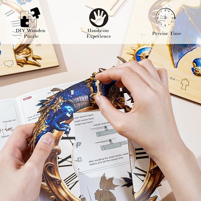 3D Puzzles for Adults Clock-Blue Dragon Design Model Kit-Mechanical DIY Pendulum Clock with Roman Numerals-Desk Home Office Decor Personalized Gift for DIY Lovers