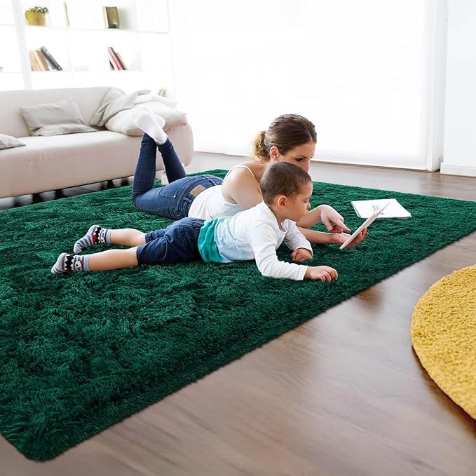2x6 Dark Green Fluffy Bedside Runner Rug Machine Washable, Shag Throw Bedroom Rugs Non Slip, Hallway Small Area Long Plush Carpet for Nursery, Kid Boy Girl Room