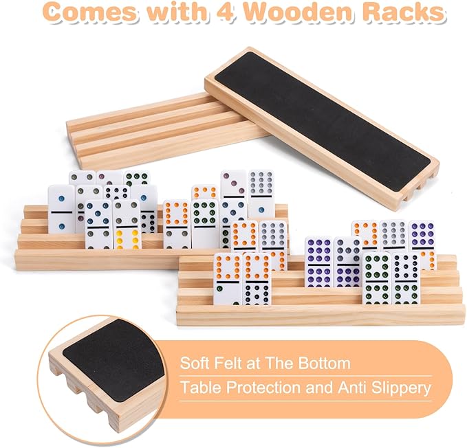 Mexican Train Double 12 Dominoes Set - 91 Tiles with 4 Wooden Trays & Travel Case, Family Board Game for Adults Kids Party Travel
