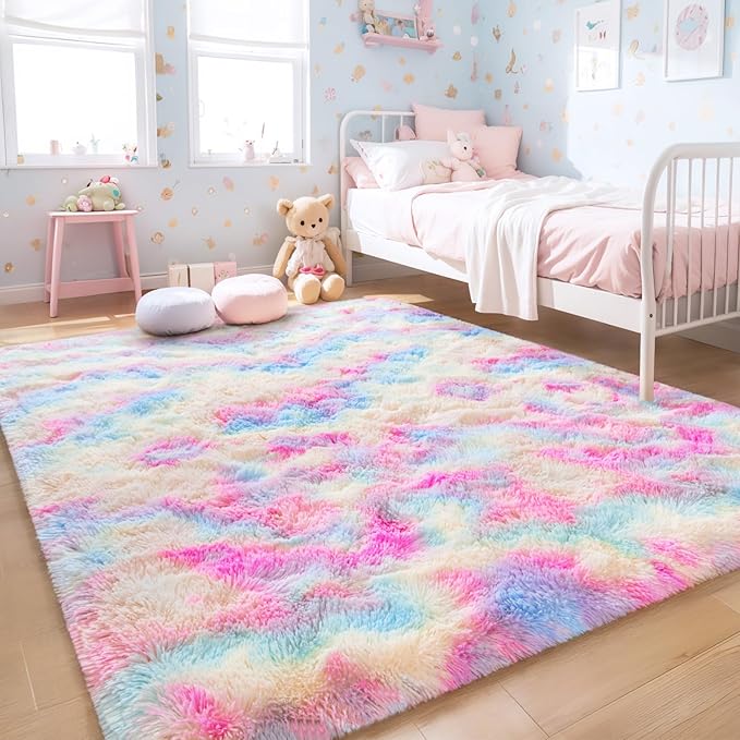 Ompaa Rainbow 9x12 Feet Area Rugs, Large Rainbow Rug for Girls Bedroom, Pastel Unicorn Kawaii Tie Dye Carpet for Teens Dorm Classroom Aesthetic, Shaggy Nursery Rug for Baby Princess Room