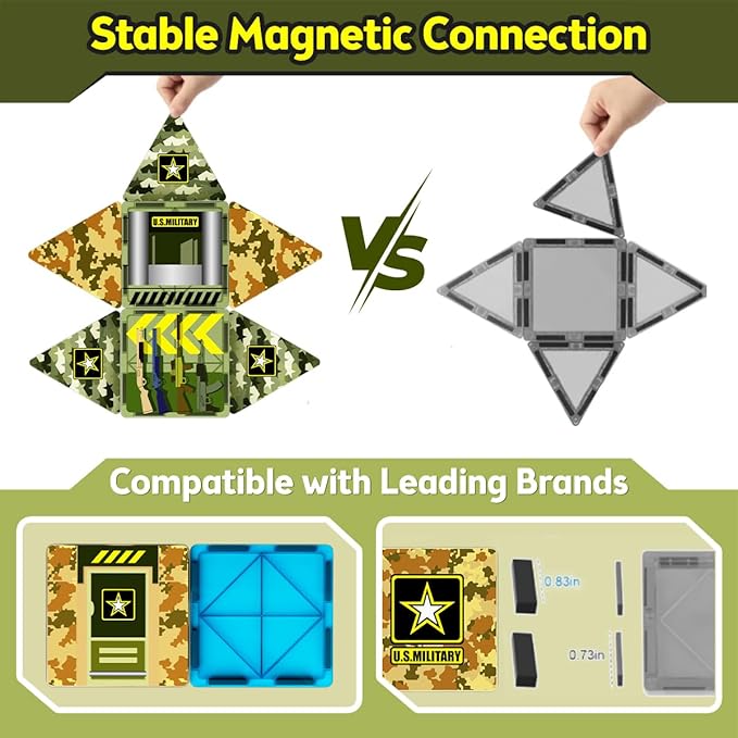 GobiDex 100PCS Army Magnetic Tiles Road Set, Military Magnetic Building Blocks with Toy Soldiers, STEM Construction Toys for Kids Ages 3-5 4-8, Christmas Birthday Gifts for 3+ Year Old Boys Girls