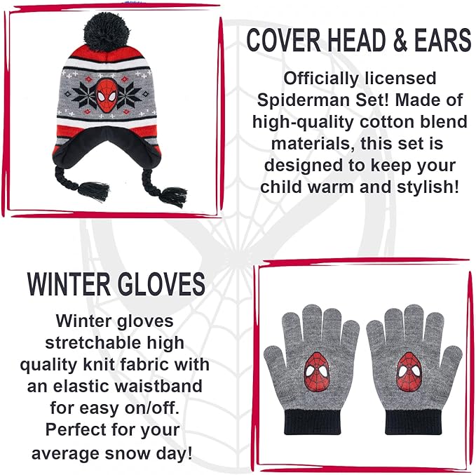 Marvel Spider-Man Kid’s Winter Hat and Snow Gloves for Boys and Toddlers, 2 Pc. Set, Pom-Pom Beanie with Warm Mittens