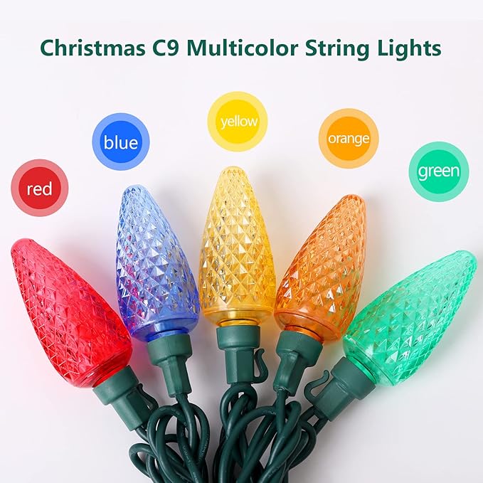 2-Set C9 LED Christmas String Lights, 33.3ft 50 LED Waterproof Decorative Light Strand, Extendable Green Wire String Lights for House, Christmas Tree, Patio, Party Decoration, Multicolor