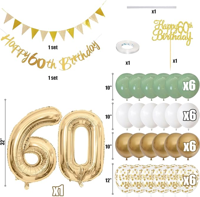 60th Birthday Decorations for Men Women, Sage Green White Gold Balloons With Happy 60th Banner, Cake Topper, Number 60 Foil Balloon for 60 Year Old Party Decoration