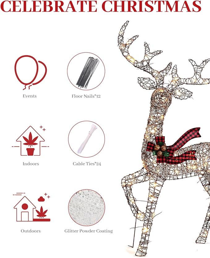 3-Piece 3D Christmas Deer Family Set, Lighted Christmas Decoration with 225 LED Lights, Christmas Decor Reindeer for Indoor Outdoor Yard Porch, Rattan