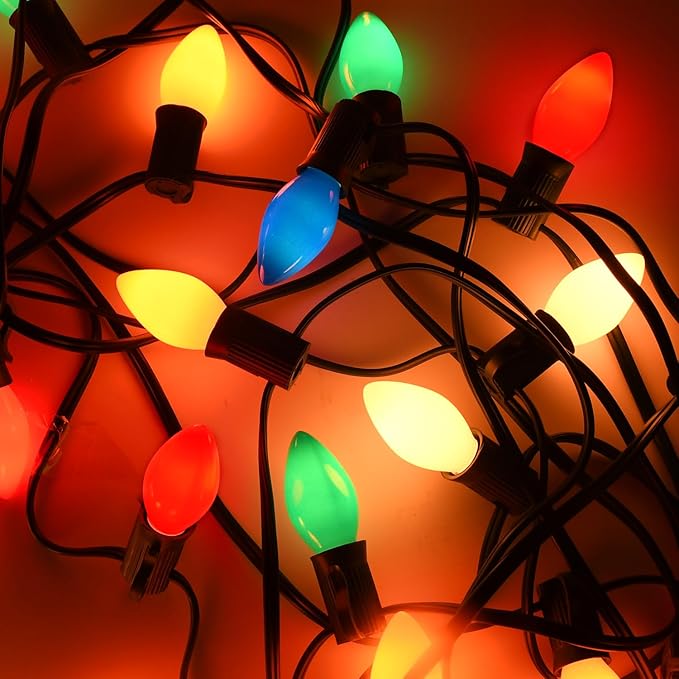 50FT C7 LED Christmas Decorations Lights Outdoor, Multicolor Christmas Lights Green Wire with 50+5 Multicolored C7 LED Light Bulbs, Vintage Decor Light for Xmas Tree Home Yard Party Decor, E12 Base