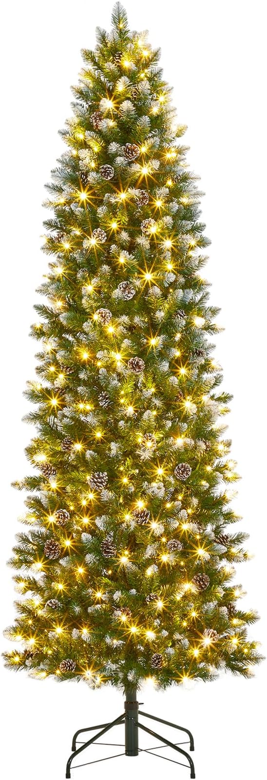 GAOMON Slim Artificial Christmas Tree, 7.5ft Pre-lit with 600 Warm White Lights, Pre-Decorated 84 Pine Cones & 900 Flocked Tips, for Home Office Party Decor (Xmas, New Years) Includes Metal Stand