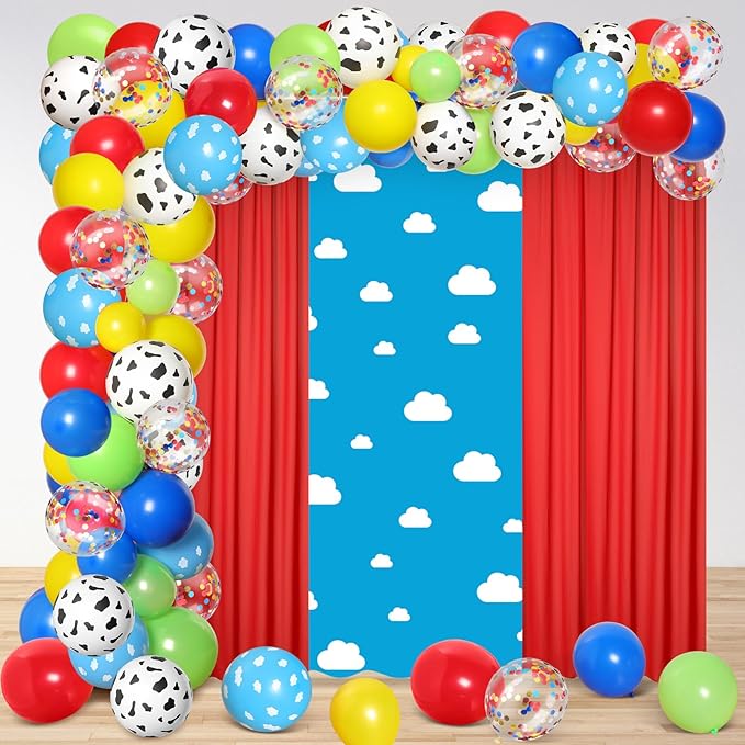 116 Pcs Boy Story Baby Shower Decorations Kit Cartoon Backdrop Includes Blue Sky White Clouds Backdrop Panels Chiffon Background Curtain Balloons for Boys Girls Birthday Party