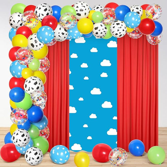 116 Pcs Boy Story Baby Shower Decorations Kit Cartoon Backdrop Includes Blue Sky White Clouds Backdrop Panels Chiffon Background Curtain Balloons for Boys Girls Birthday Party