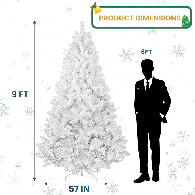 Kadunmina 9ft Artificial White Christmas Tree,Premium Unlit Xmas Tree with 1910 Branch Tips,Fake Spruce Full Hinges Trees for Home,Office,Metal Base