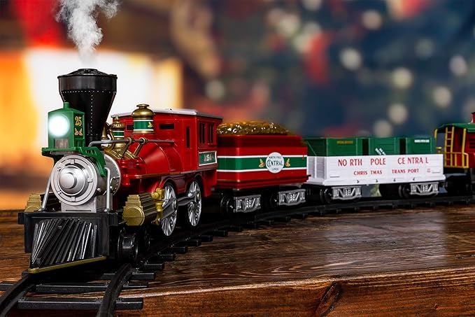 Lionel Battery-Operated North Pole Central Freight Toy Train Set with Bluetooth, Locomotive, Train Cars, & Track with Authentic Train Sounds, Lights, & Water Vapor Smoke Effects for Kids 4+