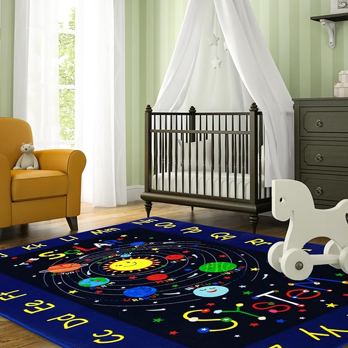 3x5 Outer Space Rug Kids Playroom Rug Solar System ABC Alphabet Educational Floor Mat Non Slip Backing Planet Carpet Ultra Soft Low Pile Area Rug for Bedroom Classroom Nursery Playroom Blue