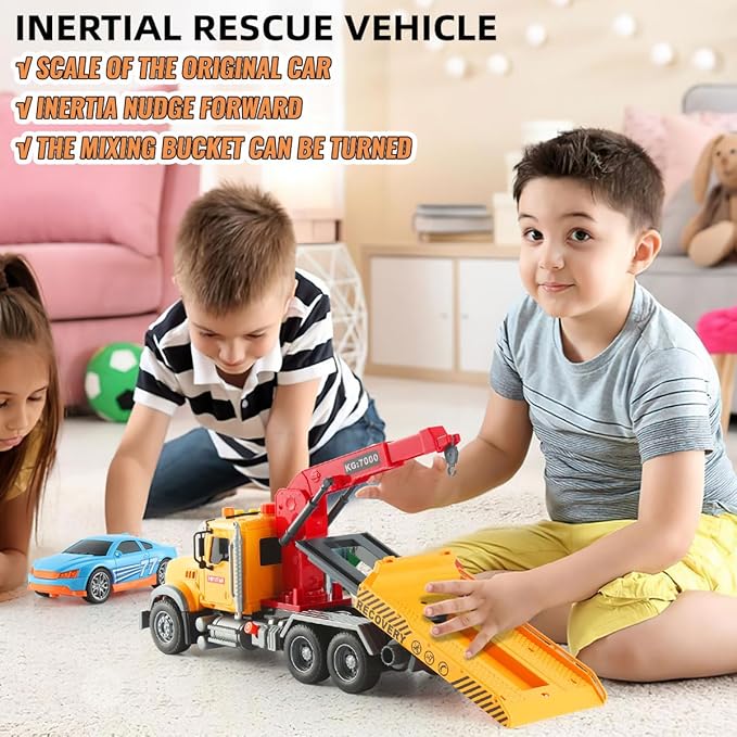 Toy Tow Truck with Crane and Car – Recovery Truck Toy for Kids Age 3 4 5 6, Construction Playset with Lights and Sounds,Birthday Gifts for Boys