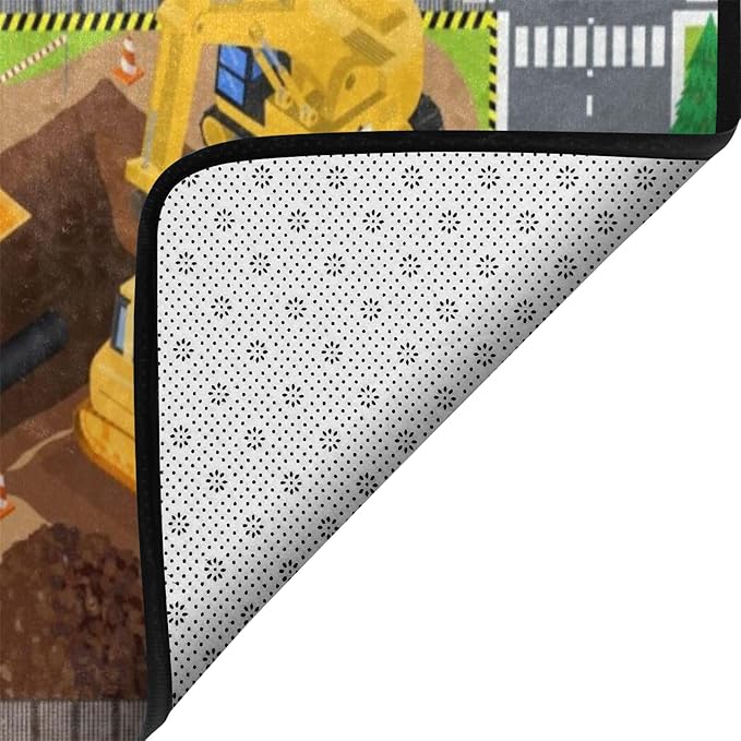 Kids Rug, Construction Site Playmat Rugs - 5x7 Ft Kids Carpet with Rubber Backing, Construction Vehicles Play Mat Nursery Rugs for Children Bedroom Playroom