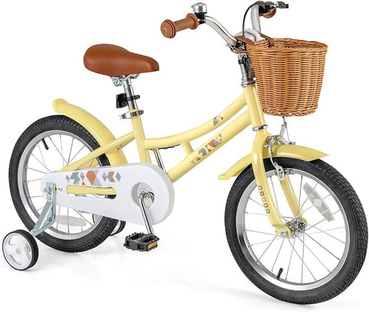 BABY JOY Retro Kids Bike, 12 14 16 18 Inch Child Bike for 3-8 Years Old w/Rattan Basket, Adjustable Height, Training Wheels, Fenders, Handbrake Coaster Brake, 95% Pre-Assembled Kids Bicycle for Girls
