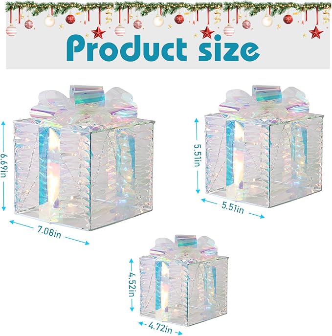 Christmas Light Gift Box Decorations, 3-Piece Set, Pre-Strung Wired Gifts with Bows, Illuminate Christmas Tree Skirt Decorations. Suitable for Indoor and Outdoor Use.（White）