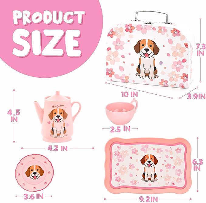 Dog Toys for Kids – Plastic Tea Party Set for Toddlers & Little Girls Ages 3-8, Puppy-Themed Pretend Play Kitchen Toy with Teapot, Cups, Saucers, Desserts & Tray | Birthday Gift Idea