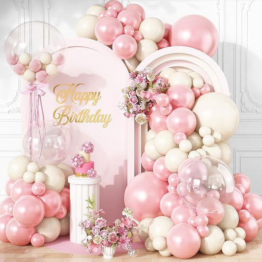 Pearl Pink and White Balloons Arch, Double Stuffed Pearl Pink Sand White Balloons 18/12/10/5 Inch Light Pink Pearl Balloon Garland Kit for Girl Bridal Shower Wedding Birthday Party Decor