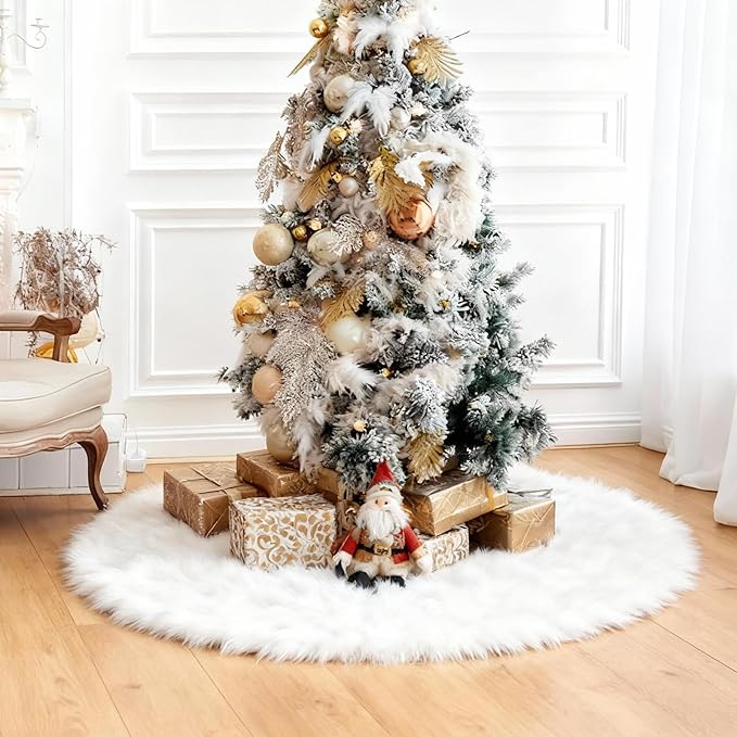 iMucci 48inch 2024 Update Wool Fur White Tree Skirt Small Christmas Tree Skirt Snowy White Plush Velvet Christmas Tree Skirt Holiday Party Decoration