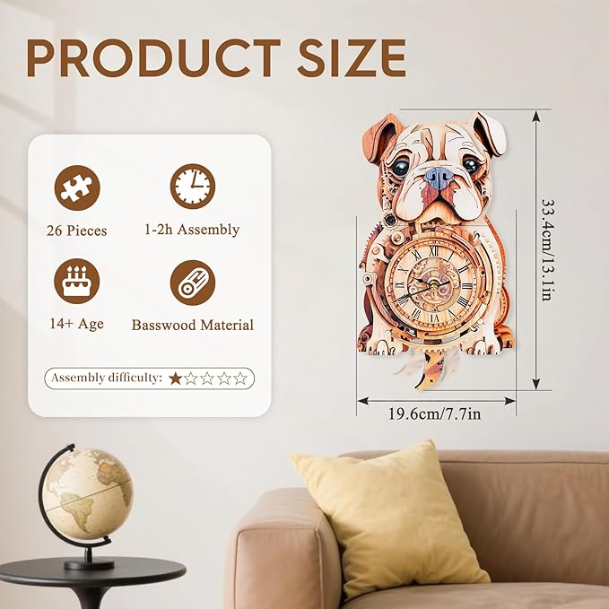 3D Puzzle for Adults Bulldog Clock - Mechanical DIY Wall Clock Kit Model Building Set Hobbies for Women Men Puzzle Home Decor & Stress Relief Craft Unique Gift for DIY Lovers