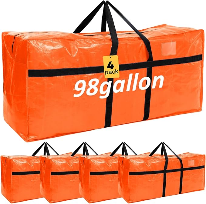Windyun 4 Pack 98 Gallon Extra Large Storage Bags XXL Moving Bags with Zipper Handles Heavy Duty Jumbo Big Totes Box for Halloween Skeleton 4-12 Feet Christmas Tree Storage College Dorm Cloth (Orange)