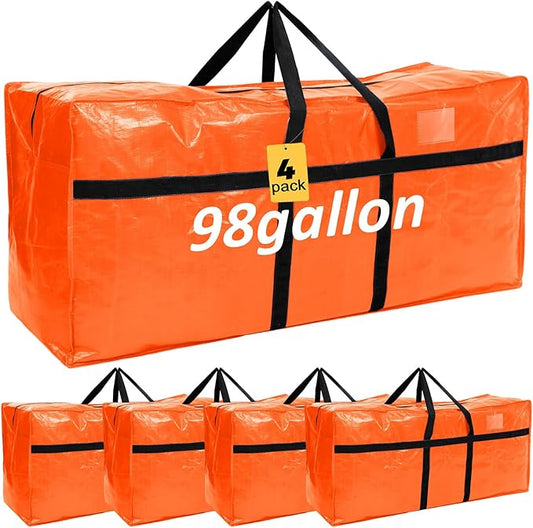 Windyun 4 Pack 98 Gallon Extra Large Storage Bags XXL Moving Bags with Zipper Handles Heavy Duty Jumbo Big Totes Box for Halloween Skeleton 4-12 Feet Christmas Tree Storage College Dorm Cloth (Orange)