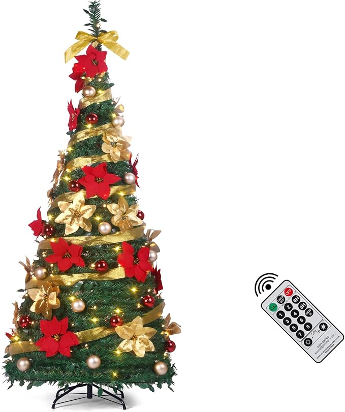 Pop Up Christmas Tree with Lights and Decorations & Remote, 6FT Prelit Pull Up Artificial Xmas Trees Decorated Christmas Tree with Red Gold Christmas Ball Ornaments Bows Ribbons Holiday Party Decor