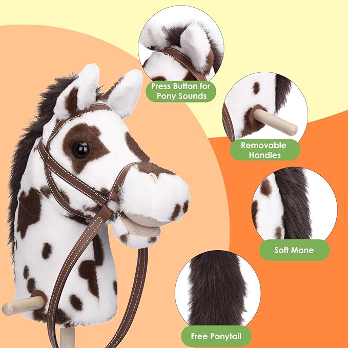 Stick Horse with Realistic Sound Effects, Hobby Horse, Wooden Pole, Handle, and Wheels, 38 Inch Tall Horse Toys Gift for Kids Toddlers 3 and Up, Black (AA Batteries Required)