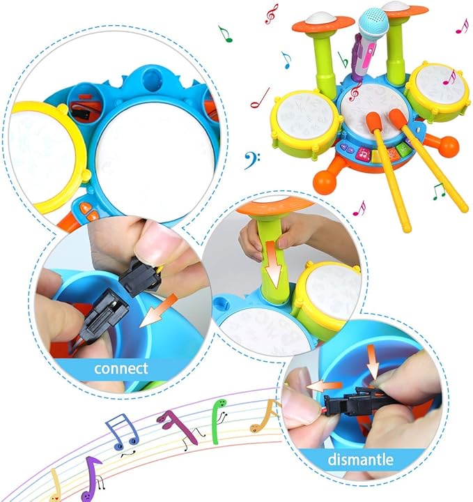 POKONBOY Kids Drum Set for Toddler 1-3, Musical Instruments Learning Toys with 2 Drum Sticks Adjustable Microphone Birthday Gifts for Boys Girls 6 12 18 Month