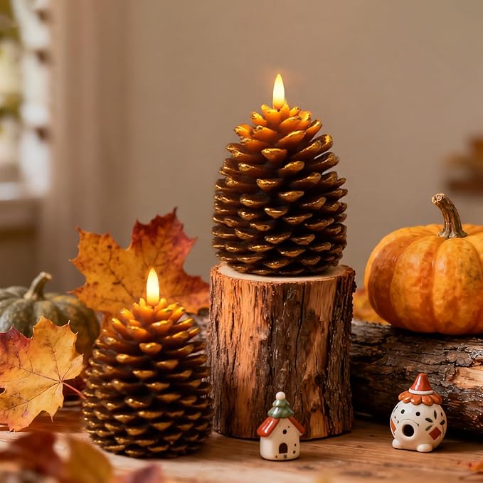 Christmas Decorations Indoor, Christmas Decor - Pinecone Candles Battery Operated, Flickering Flameless LED Pine Cone Candles, 6H Timer, Fall Thanksgiving Xmas Home Table Room Holiday Decor, Set of 2
