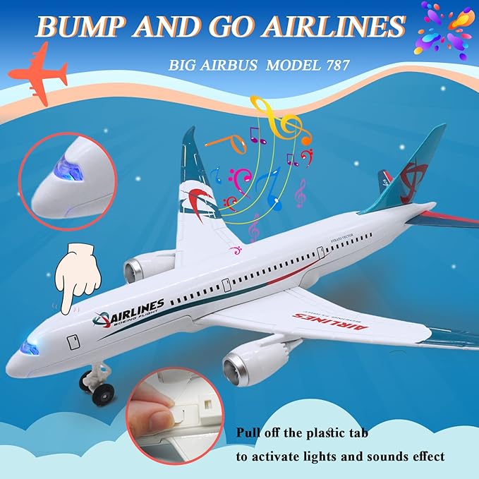 OTONOPI Airplane Toys Bump and Go Airlines Die Cast Metal Model Plane Toy with Lights and Sounds for Kids LightBlue
