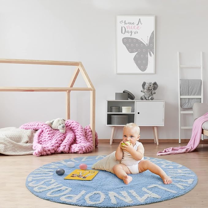 ABC Rug for Kids Room Circle Alphabet Nursery Rug for Baby Boy and Girl - Round Neutral Toddler Playroom Rug, Letter Learning Carpet 59 Inches