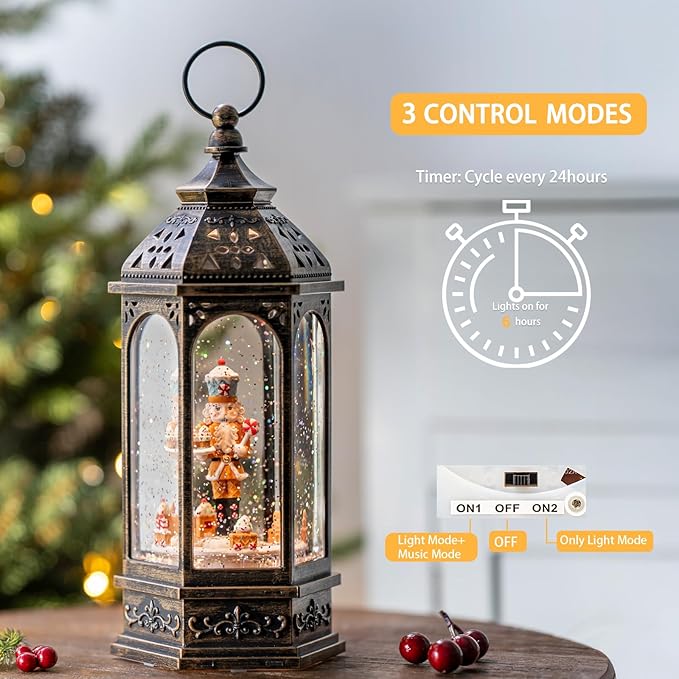 12.8'' Christmas Snow Globe Lantern, Gingerbread Man Train Will Rotate Around The Gingerbread Nutcracker with Musics Swirling Glitter Water Lantern Decoration for Home, Battery Operated or USB Powered