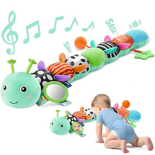 Sumobaby Baby Toys 0-6 6-12 Months, Music Caterpillar Plush Toy with Baby Mirror, Pull String&Crinkle Rattle,Infant Teething Toys,Tummy Time for 0-3-6-12 Month Boys Girls Newborn Gifts (Blue-Leaf)