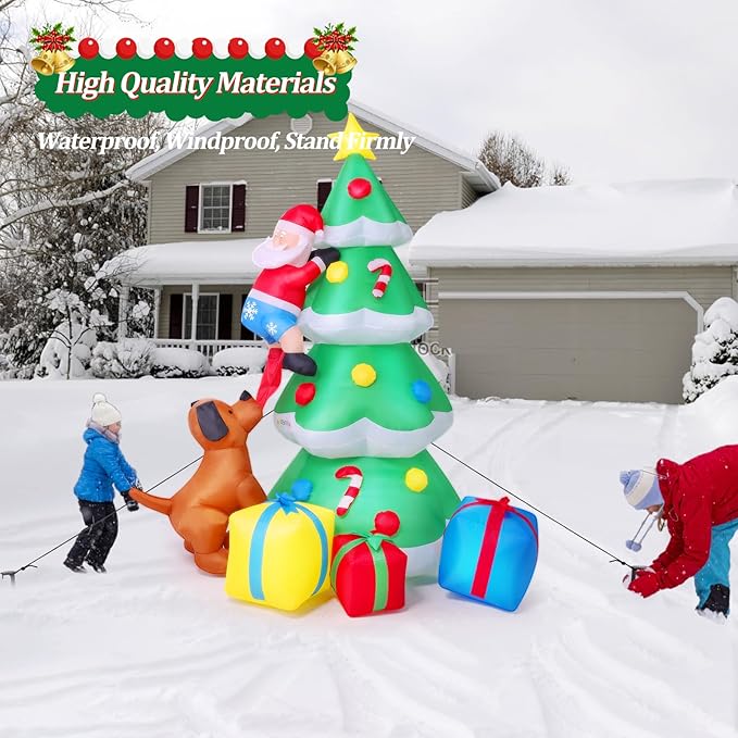 7.7 FT Christmas Inflatables Tree Outdoor Decoration Lighted Santa Claus Climbing Tree Chased by Dog Xmas Decor Blow Up Indoor Outdoor with Build-in LEDs and Gift Boxes & Dogs Lawn Yard Garden