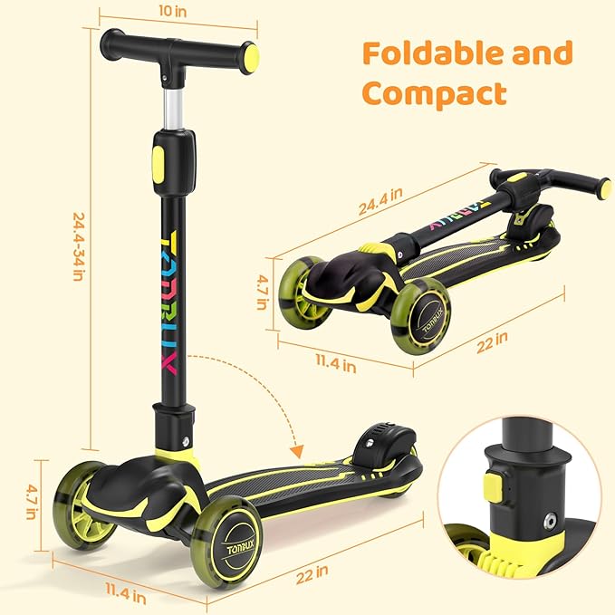 TONBUX Kids Scooter, Light Up 3 Wheel Kick Scooters for Kids 3-12, Folding Scooters with Adjustable Height - Toddler Scooter Lean-to-Steer & Widen Anti-Slip Deck