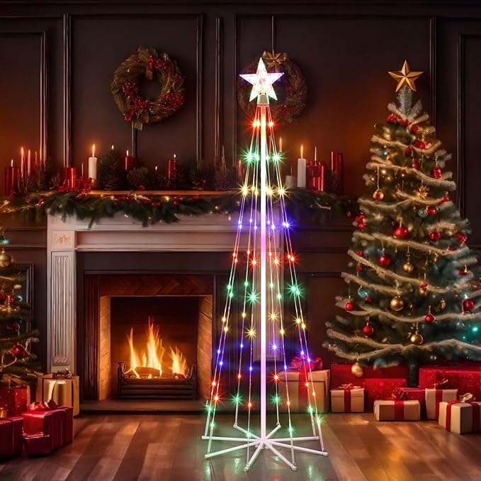 5' LED Animated Outdoor Christmas Tree, Multicolor Lightshow Lighted Cone Wire Tree with Topper Star, Christmas Outdoor Decorations Artificial Lighted Tree for Indoor Outdoor Yard Patio