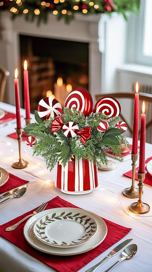 Christmas Table Centerpieces Decorations 12.9" Artificial Small Christmas Tree Potted Plant with Red and White Lollipop Candy Canes Pine Cones for Indoor Home Xmas Party Arrangement Centerpieces Decor