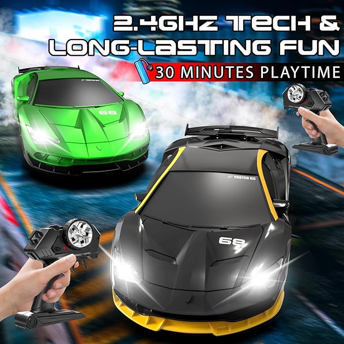 Remote Control Car, 1/24 Scale RC Drift Car, 4WD 15KM/H High Speed RC Cars, Racing Sport Toy Car with LED Lights, Racing Tire, Birthday for Kids Boys Girls, Rechargeable Battery