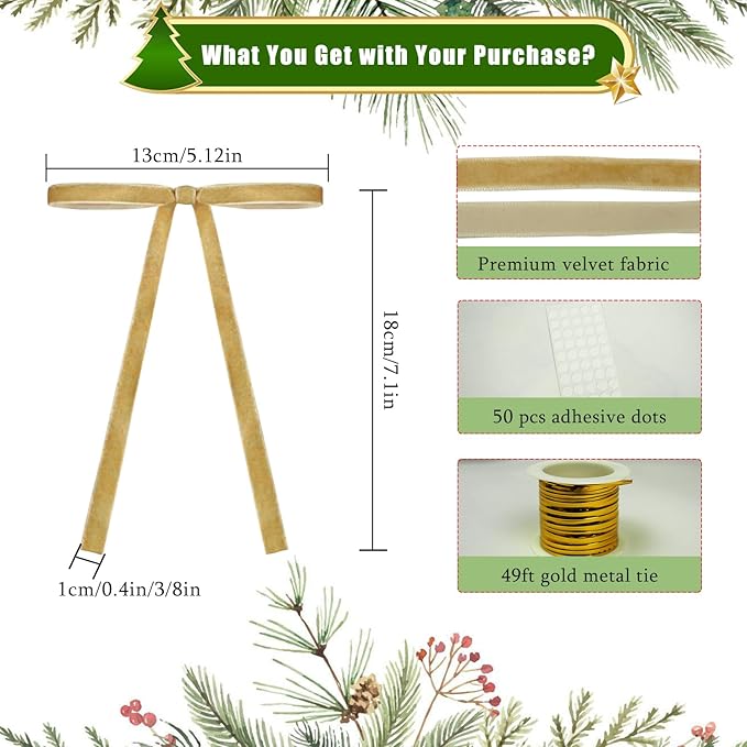 24Pcs Velvet Ribbon 5 x 7 Inch Christmas Ribbon 3/8 Inch Wide Christmas Bows Vintage Velvet Bows for Christmas Tree Khaki Bows for Christmas Tree Decorations