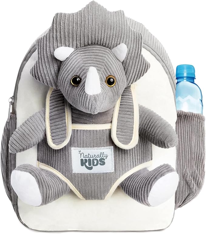 Naturally KIDS Grey Dinosaur Backpack for Boys 4-5, Triceratops Dinosaur Gifts for 4-5 Year Old Boys, Girls, Toddler Backpack