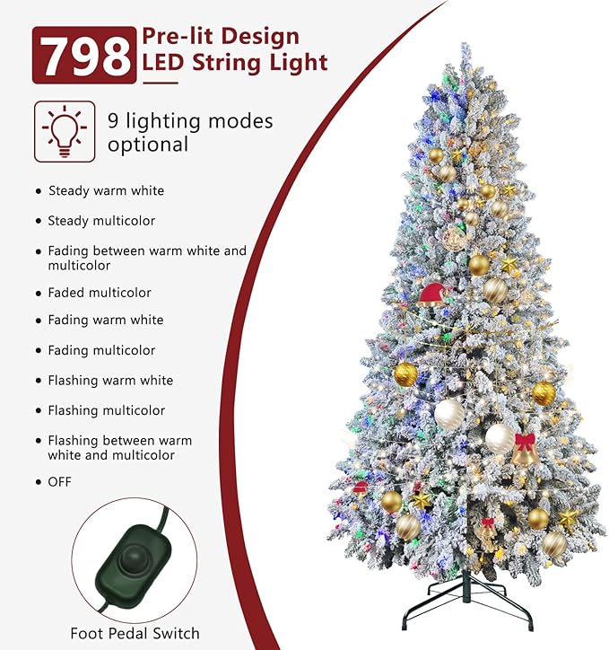 7.5 ft Flocked Christmas Tree Prelit, Include Premium Stand & Storage Bag, 798 Warm & Multi-Color Automatic Lights, 3-Minute Quick Power Connect, 1869 PVC Branch Tips for Indoor Holiday Decorating