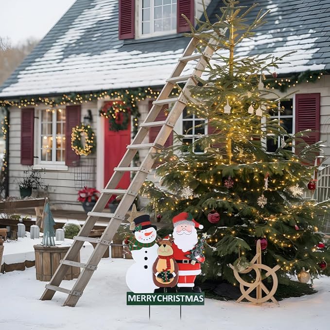 YEAHOME Outdoor Christmas Decorations, 3 Metal Snowman Santa Claus Deer Decorative Garden Stakes for Christmas Outdoor Yard, Xmas Signs for Home Outside Yard Lawn Porch Pathway Xmas Decor