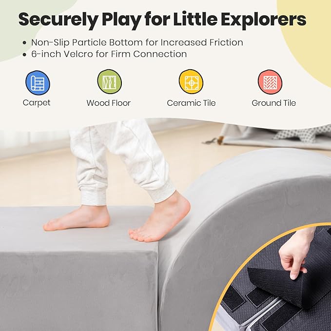 Foam Climbing Blocks for Toddlers, 5-Piece Tunnel Climber and Crawl Playset, Indoor Activity Play with Ball Pit, Machine Washable Velvet Cover, Soft Climbing Toy for Kids 1-3 (Gray)