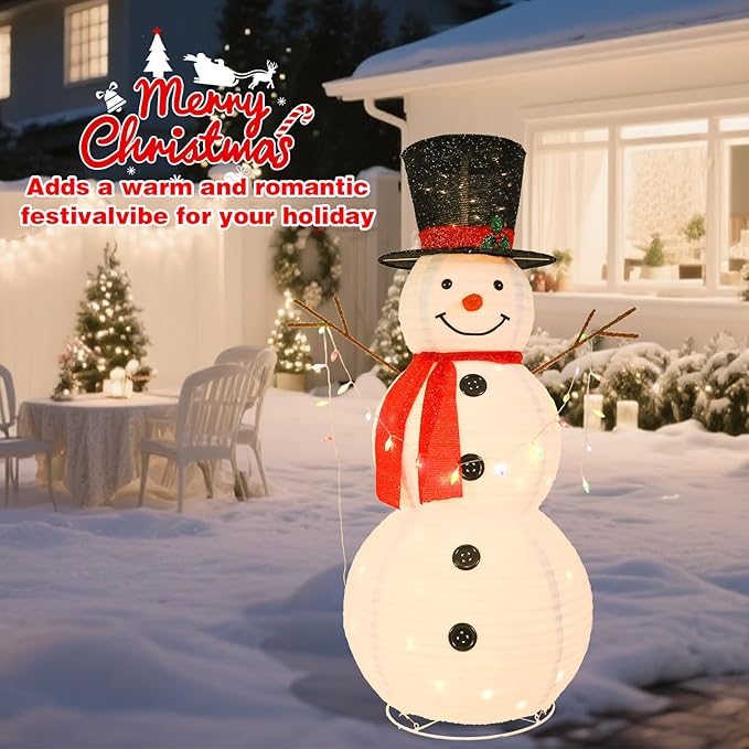VCUTEKA 5FT Lighted Outdoor Snowman Decoration, Christmas Snowman with Red Scarf and Black Hat Holding Colorful Lights, LED Light-Up Holiday Lawn Yard Garden Décor