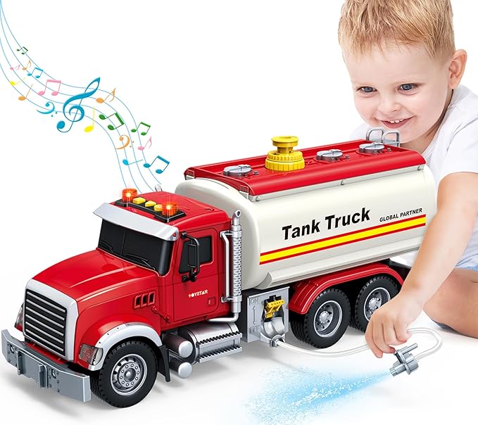 Kids Toys for 3 4 5 6 7 8 Years Old Boys, Large Tanker Truck Toy with Lights, Sounds, Water Pump, Red Toddler Friction Powered Oil Truck Vehicle Toy for Boys Girls Christmas Birthday Gifts